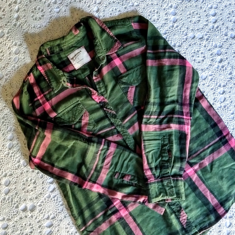 Arizona Jean Co Green Pink Plaid Button Up | Large